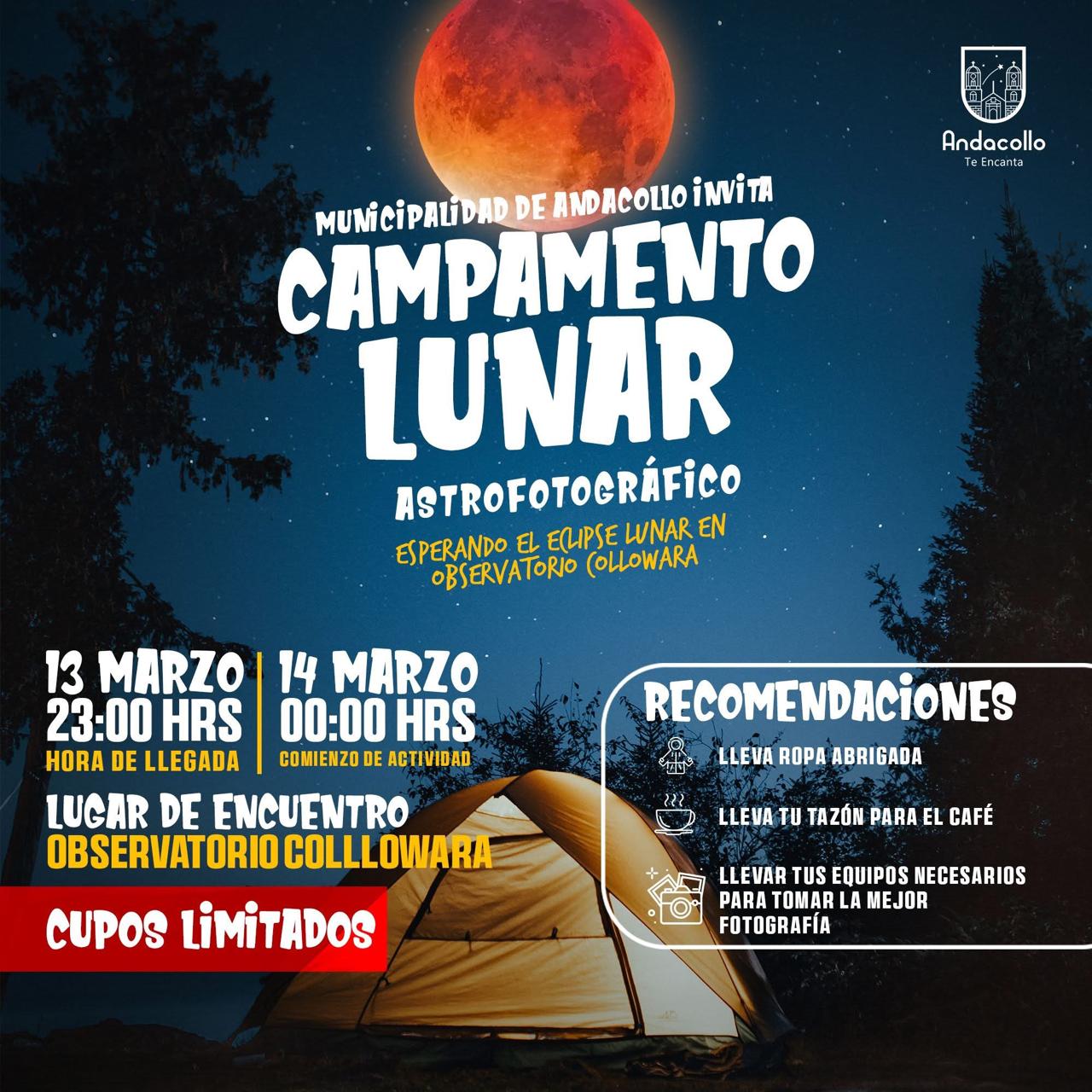 Municipio de Andacollo, a través del Observatorio Collowara, invita a participar del Campamento lunar astrofotográfico para observar eclipse lunar